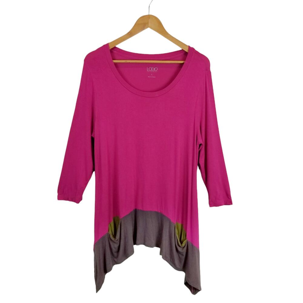 Logo by Lori Goldstein Sharkbite Knit Tunic Top Pink Gray Green Size Large